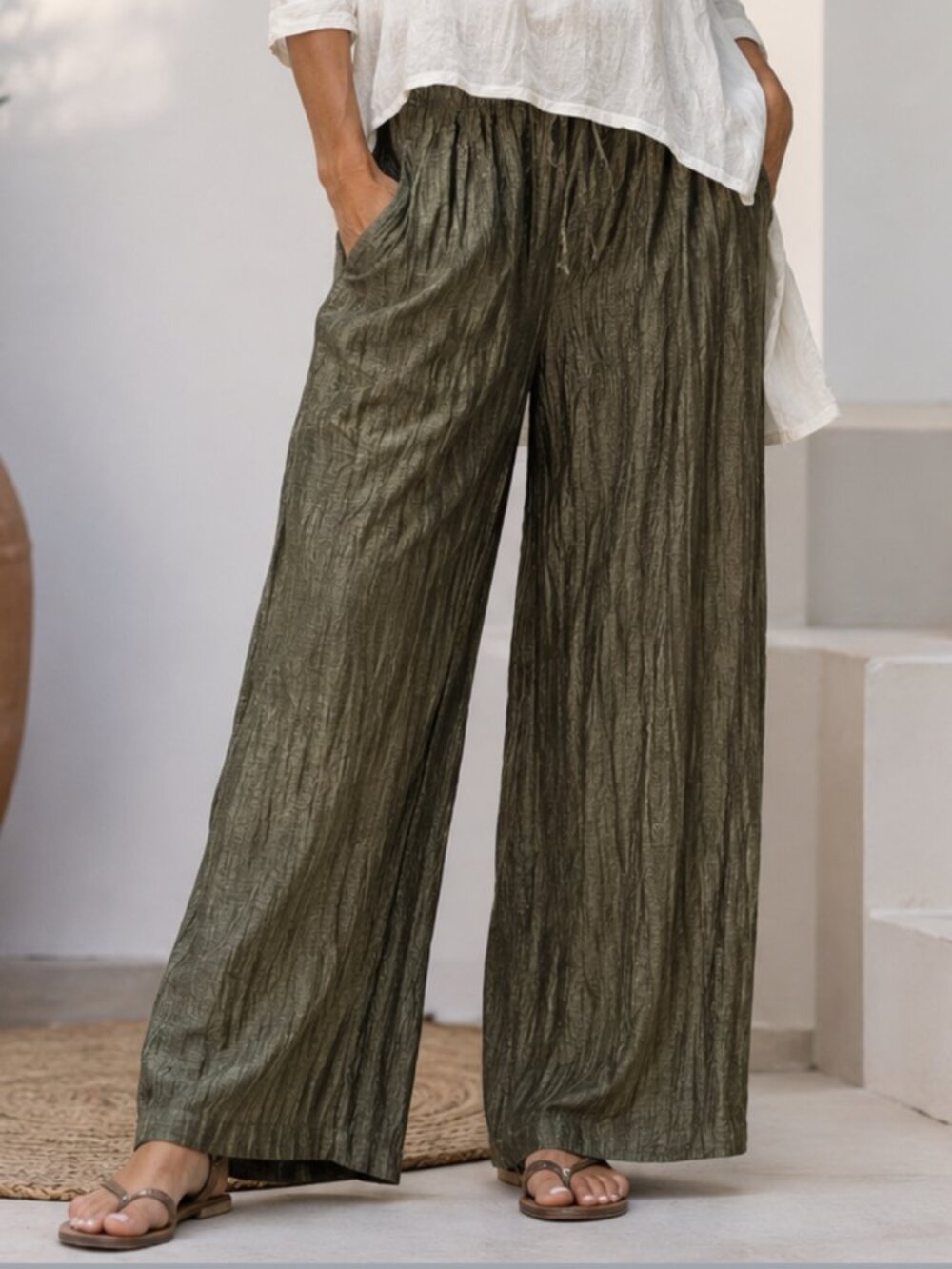 Valerie Stevens Olive Crinkle Linen Blend Wide Leg Pants 2X Coastal Travel NWT